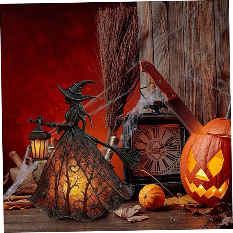 Halloween Battery-Operated Witch-Shaped Lamp with LED and Openwork Dress for Interior Decoration