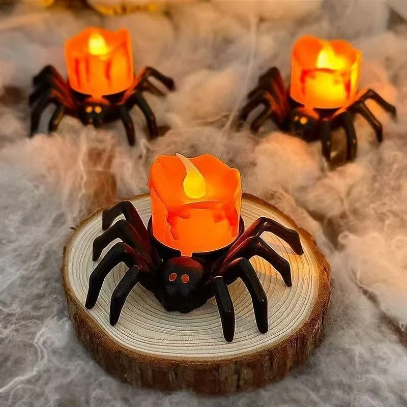 Halloween Home Decorations LED Spider Candle with Glowing Eyes and Wax Effect