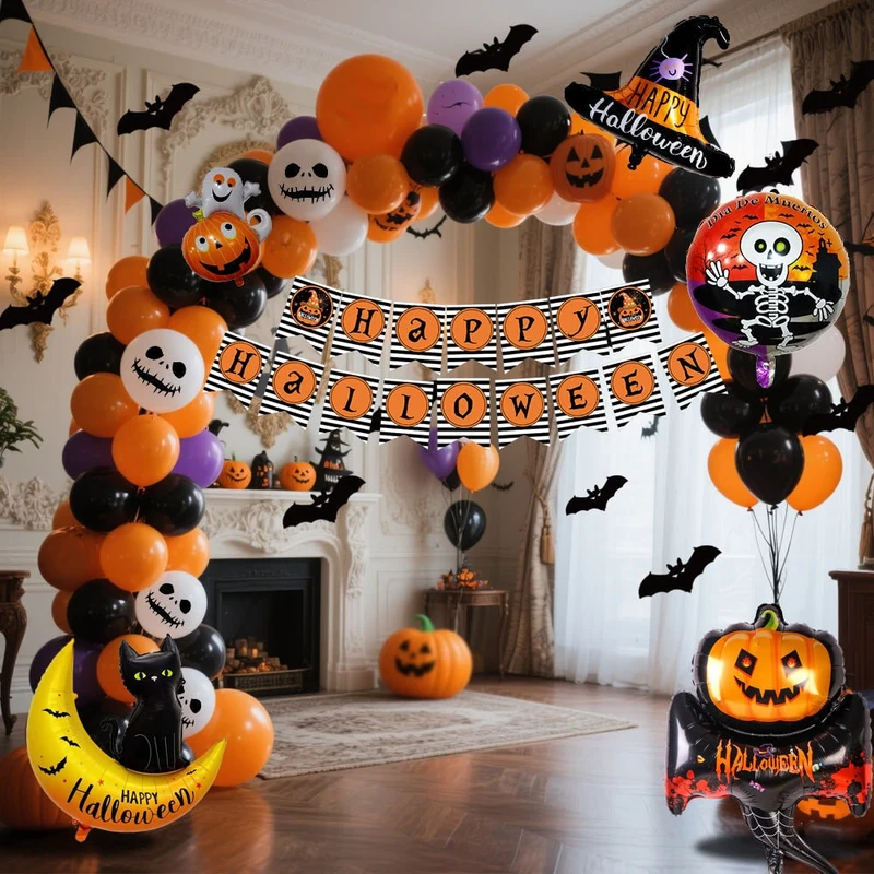 Halloween Latex and Foil Balloon Set with Garland Banner for Decoration