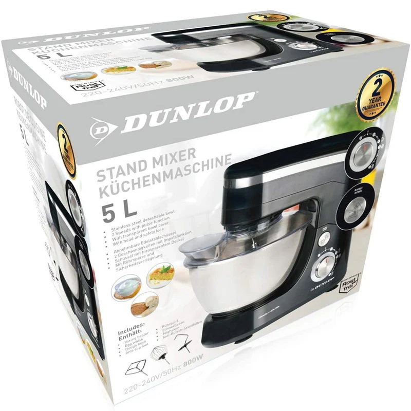 Impastatrice Planetaria Ciotola Acciaio 5 LT Impastatore Robot Nero 800W 3 Ganci