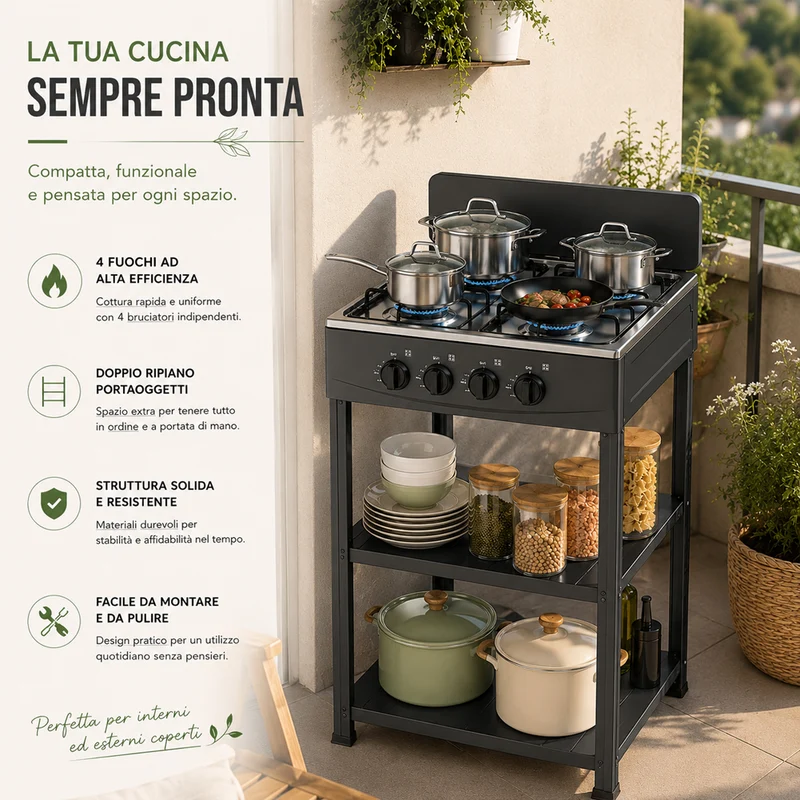 Cucina da Esterno con 4 Fuochi Nero Cucinotto da Campeggio in Ferro 49x49x79cm