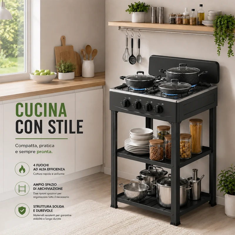 Cucina da Esterno con 4 Fuochi Nero Cucinotto da Campeggio in Ferro 49x49x79cm