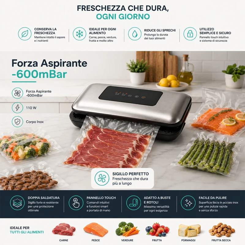Macchina Sottovuoto e Sigilla 110W Forza Aspirante -600mBar per Alimenti