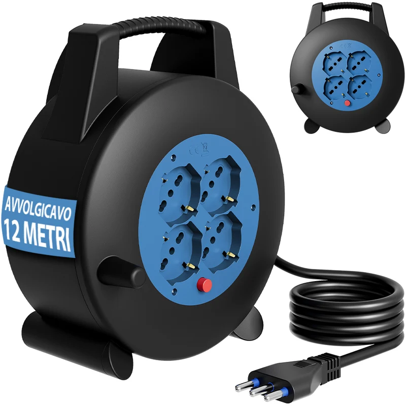 Avvolgicavo Multipresa 12 Metri con Interruttore di Protezione Prolunga 4 Prese