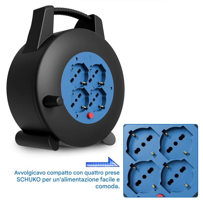 Avvolgicavo Multipresa 5 Metri con Interruttore di Protezione Prolunga 4 Prese