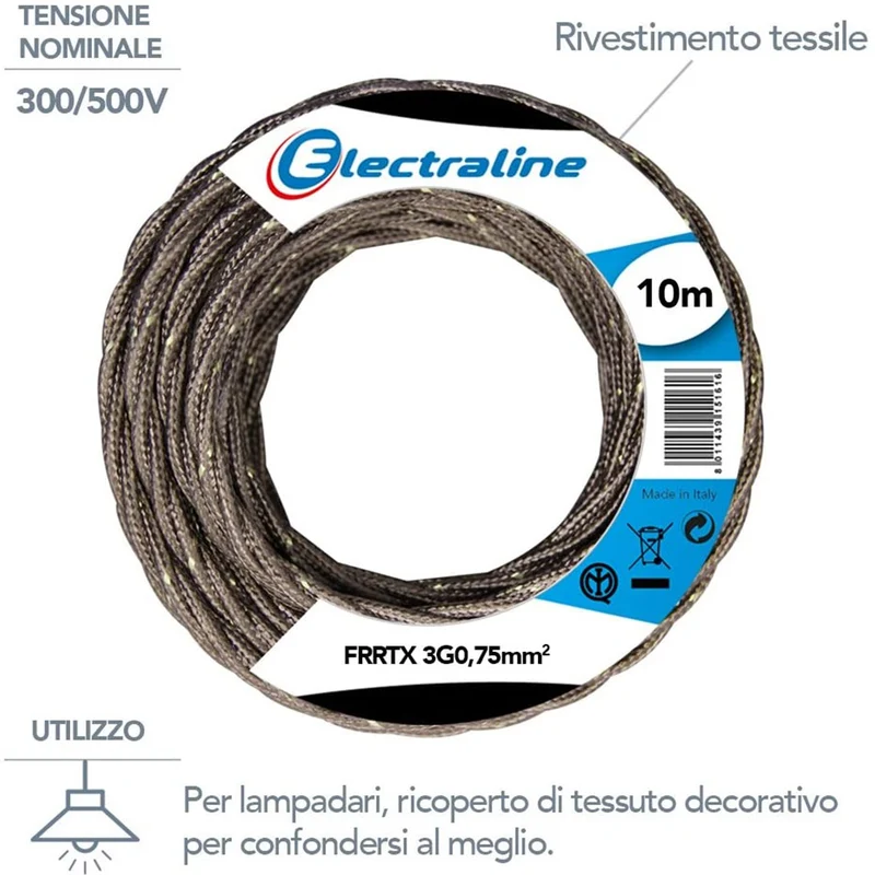 Cavo Elettrico in Tessuto FRRTX 10mt Intrecciato per Lampada e Lampadario Bronzo