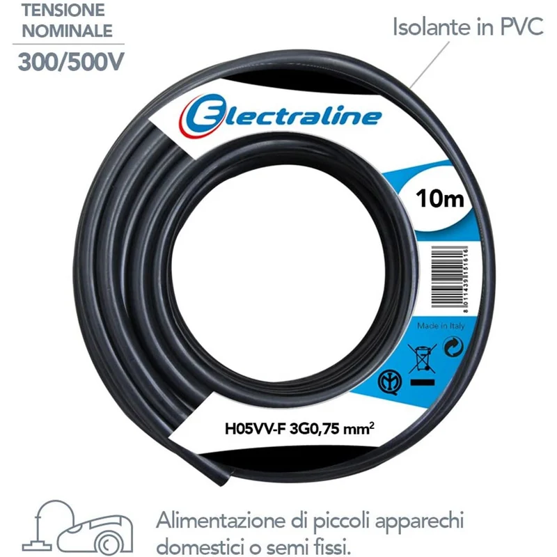 Cavo Elettrico Prolunga 10mt 3G0,75 mm H05VV-F Matassa Filo Elettrico Nero