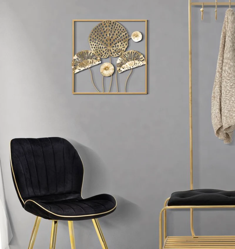 Pannello Decorativo in Ferro con Fiori Dorati cm 50x5x50