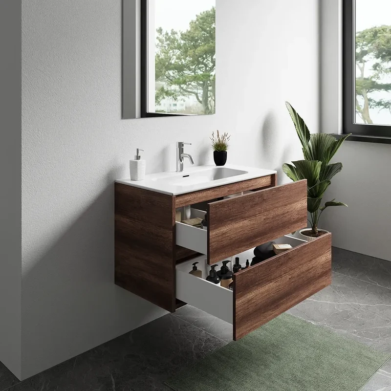 Mobile bagno sospeso 80cm due cassetti apertura push&pull rovere barok con lavabo | Galdor
