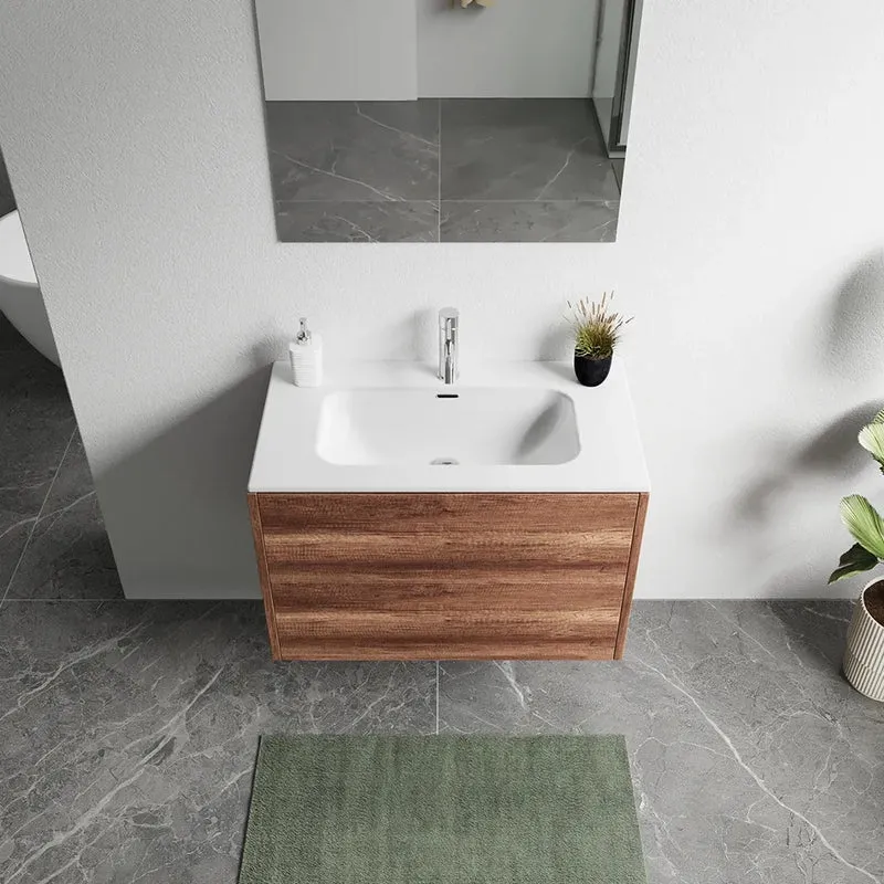 Mobile bagno sospeso 80cm due cassetti apertura push&pull rovere barok con lavabo | Galdor
