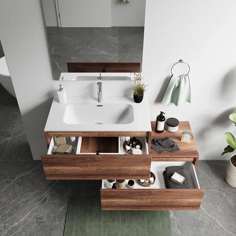 Mobile bagno sospeso modulare 80cm due cassetti apertura push&pull rovere barok con lavabo | Galdor
