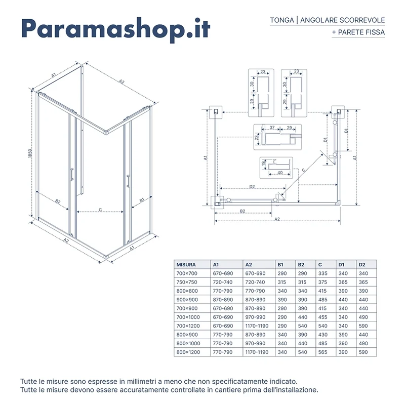 Box doccia nero opaco 3 lati 90x90x90cm con doppio scorrevole e vetro 6mm trasparente h185cm | Tonga