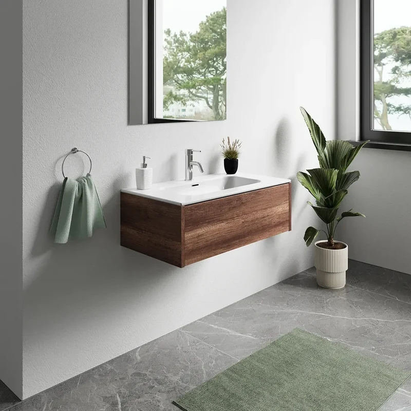 Mobile bagno sospeso 80cm un cassetto apertura push&pull rovere barok con lavabo | Galdor