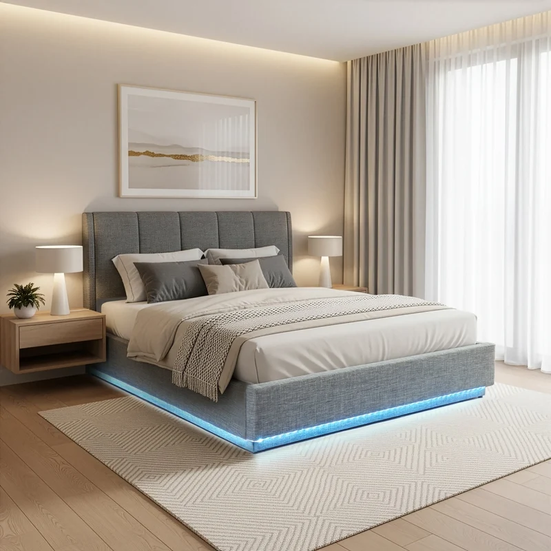 Letto Francese Contenitore Tröstiar con Apertura a Ribalta e Luce LED 140x200 cm - Effetto Lino Antracite [en.casa]