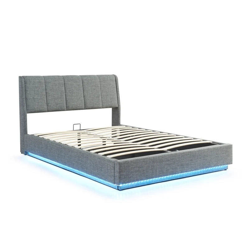 Letto Francese Contenitore Tröstiar con Apertura a Ribalta e Luce LED 140x200 cm - Effetto Lino Antracite [en.casa]