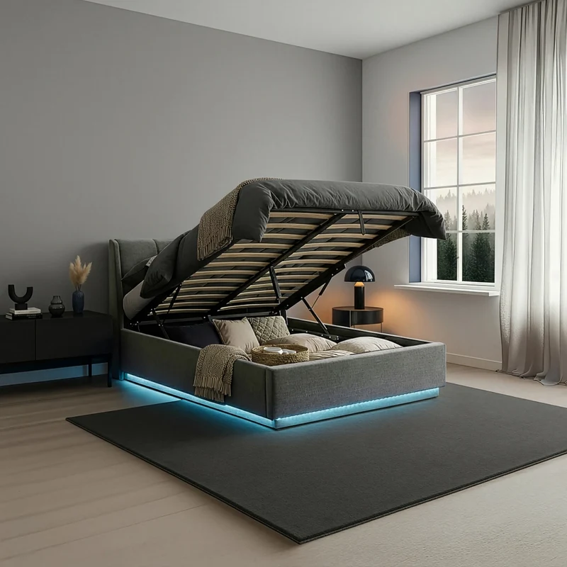Letto Francese Contenitore Tröstiar con Apertura a Ribalta e Luce LED 140x200 cm - Effetto Lino Antracite [en.casa]