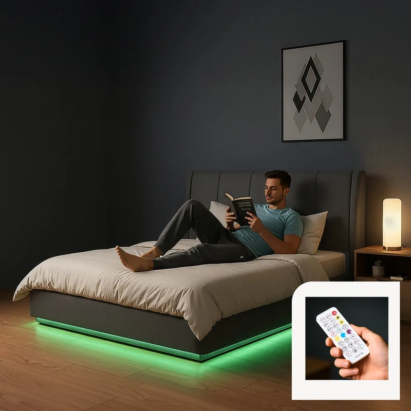 Letto Francese Contenitore Tröstiar con Apertura a Ribalta e Luce LED 140x200 cm - Effetto Lino Antracite [en.casa]