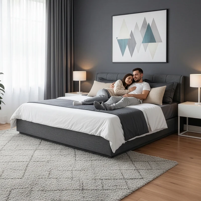 Letto Francese Contenitore Tröstiar con Apertura a Ribalta e Luce LED 140x200 cm - Effetto Lino Antracite [en.casa]
