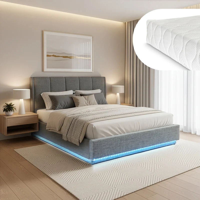 Letto Francese Contenitore Tröstiar a Luce LED con Materasso 140x200 cm - Effetto Lino Antracite [en.casa]