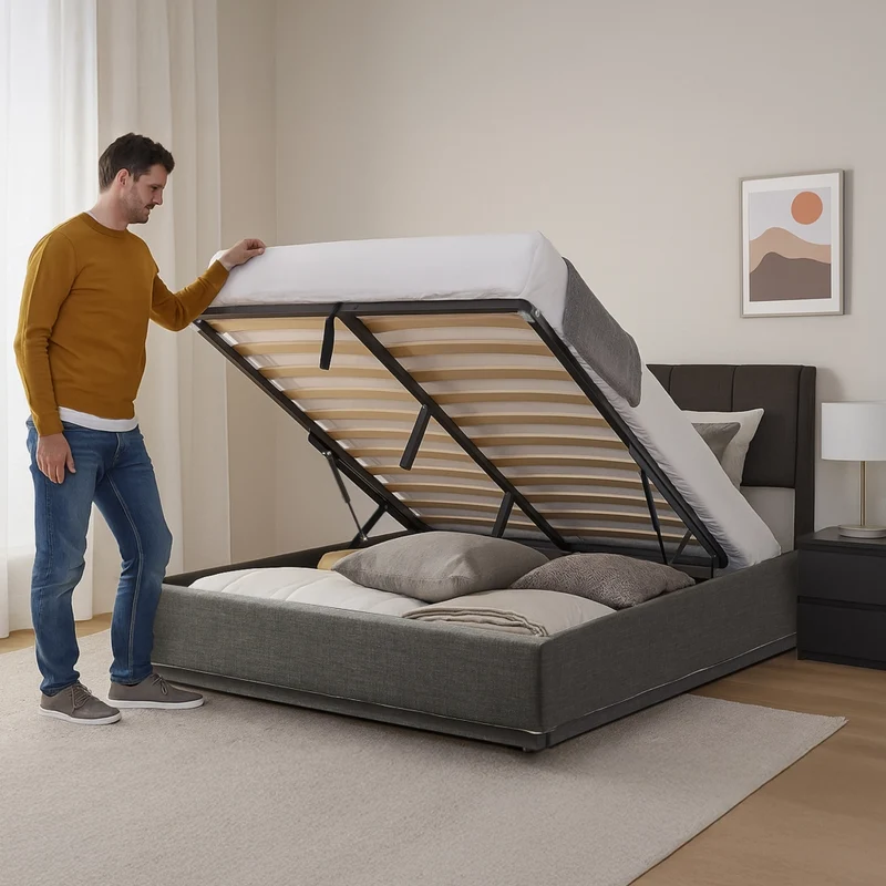 Letto Francese Contenitore Tröstiar a Luce LED con Materasso 140x200 cm - Effetto Lino Antracite [en.casa]