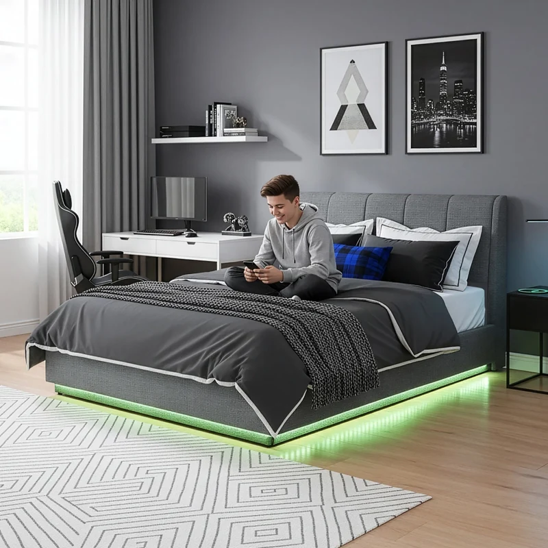 Letto Francese Contenitore Tröstiar a Luce LED con Materasso 140x200 cm - Effetto Lino Antracite [en.casa]