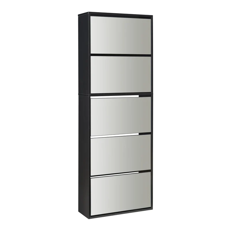 Scarpiera Stretta Lund con Ante a Specchio e 5 Contenitori Ribaltabili - Nero [en.casa]