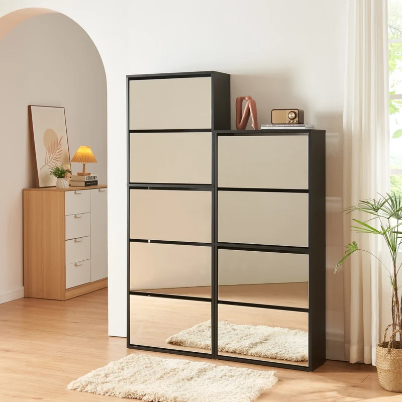 Scarpiera Stretta Lund con Ante a Specchio e 5 Contenitori Ribaltabili - Nero [en.casa]