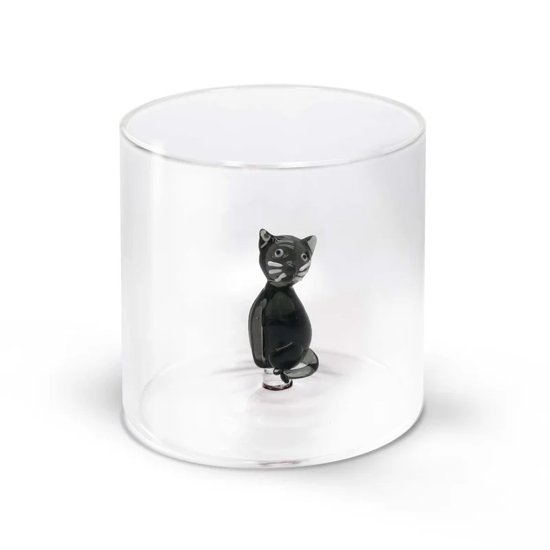 Bicchiere in Vetro Borosilicato con Soggetto Gatto D8x8.5cm Trasparente e Multicolore Wd Lifestyle