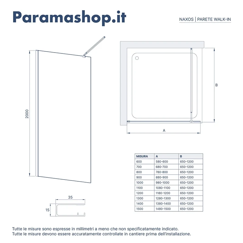 Doccia walk-in 150cm vetro temperato anticalcare 10mm fumé profili neri | Naxos