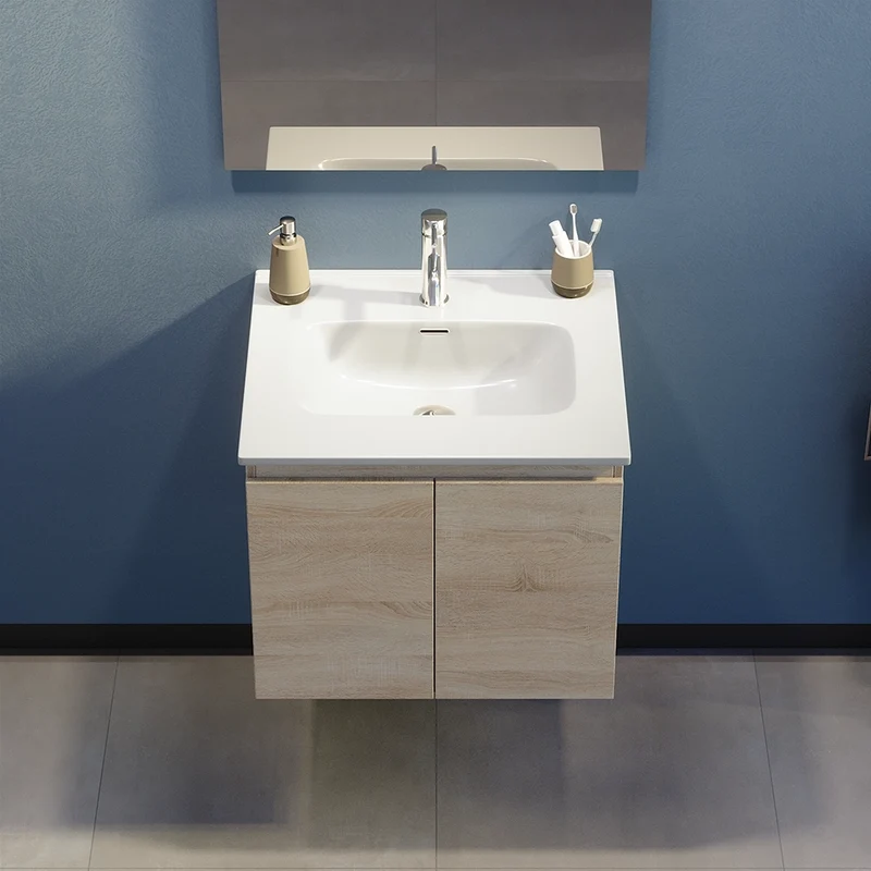 Mobile bagno sospeso 70 cm due ante rovere chiaro lavabo e specchio | Yili