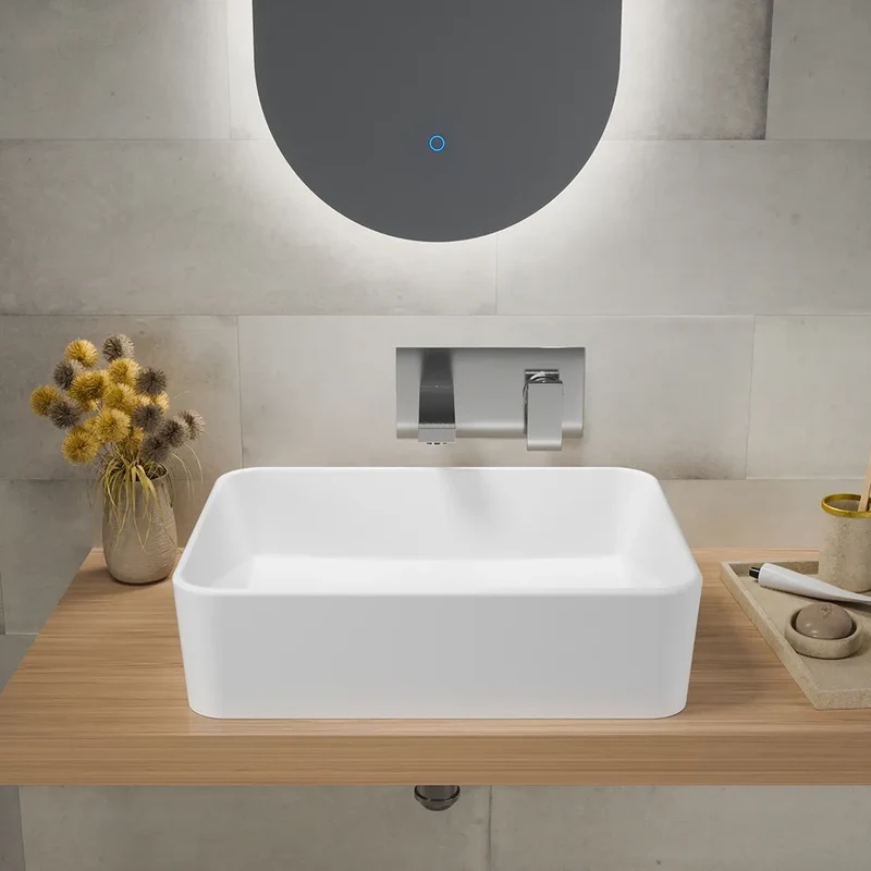 Lavabo da appoggio rettangolare 48x37x13,5 cm bianco lucido | Caspio