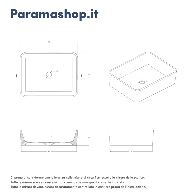 Lavabo da appoggio rettangolare 48x37x13,5 cm bianco lucido | Caspio