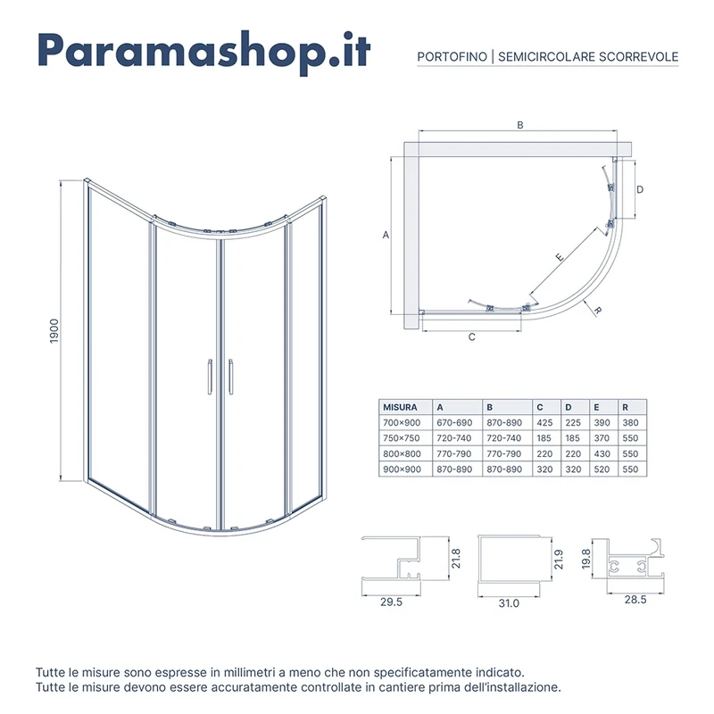 Box doccia semicircolare 70x90cm profili cromati slim vetro 6mm opaco h190 | Portofino