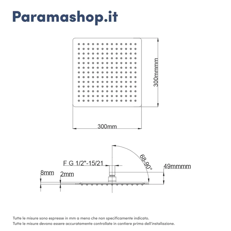 Set doccia squadrato cromato - Miscelatore incasso 2 vie, braccio 40cm, soffione slim 30x30cm e doccino