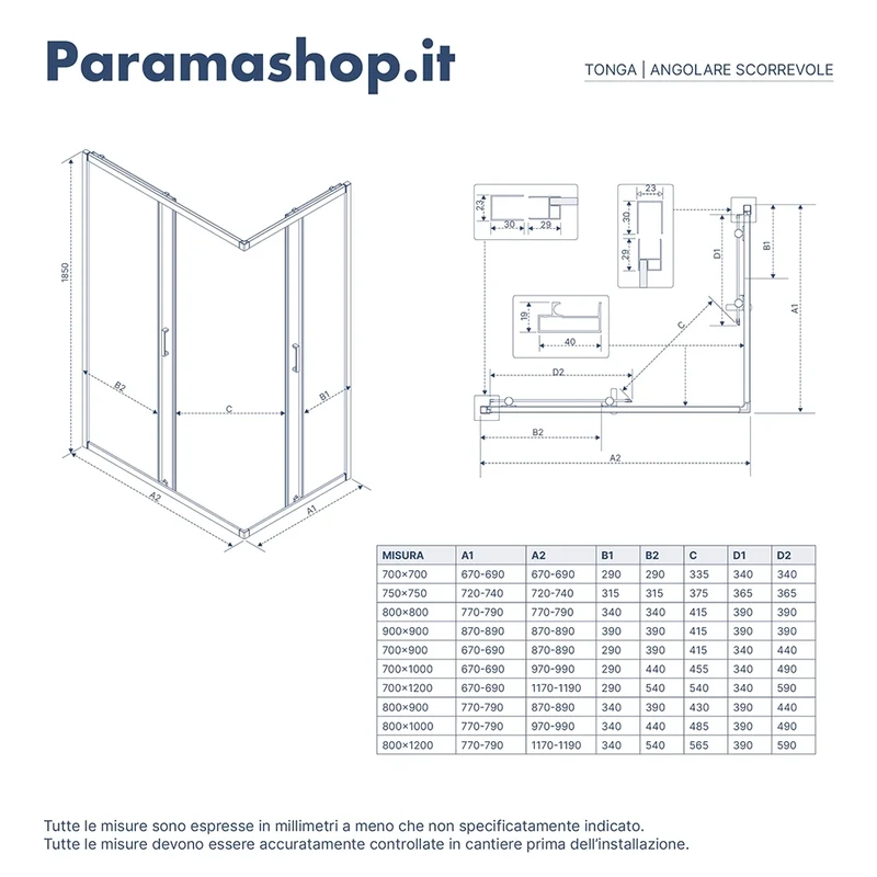 Box doccia 80x120 cm angolare scorrevole profili nero opaco vetro 6mm trasparente h185 | Tonga
