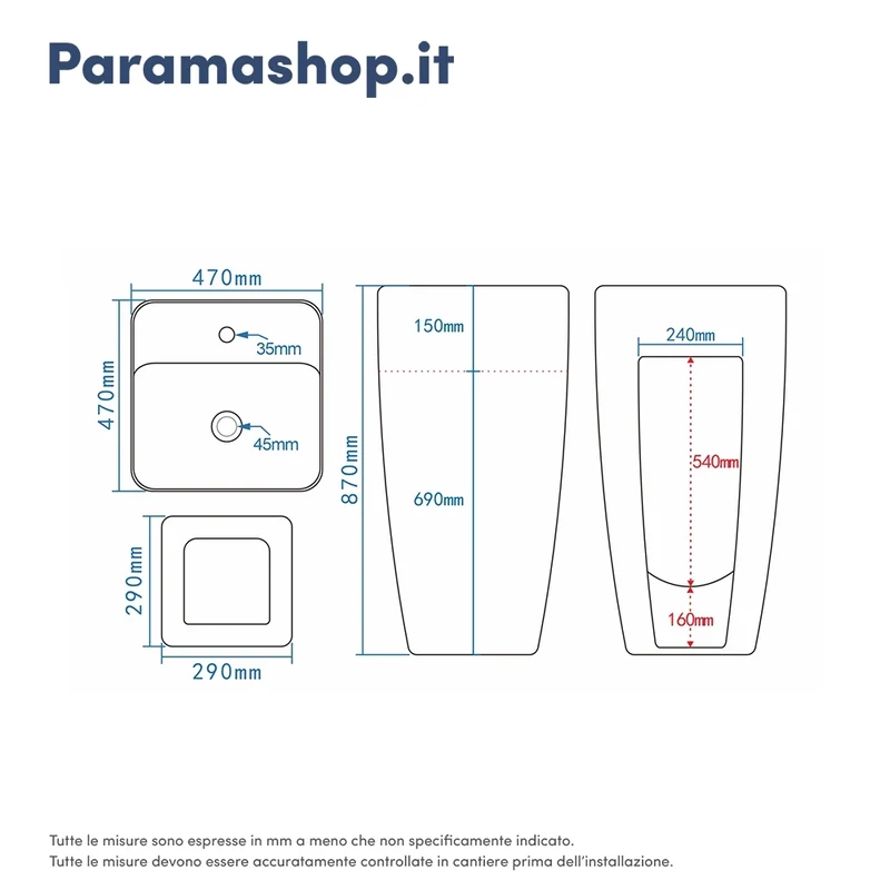 Lavabo freestanding diam. 47cm in ceramica bianco lucido con troppopieno | Bohai