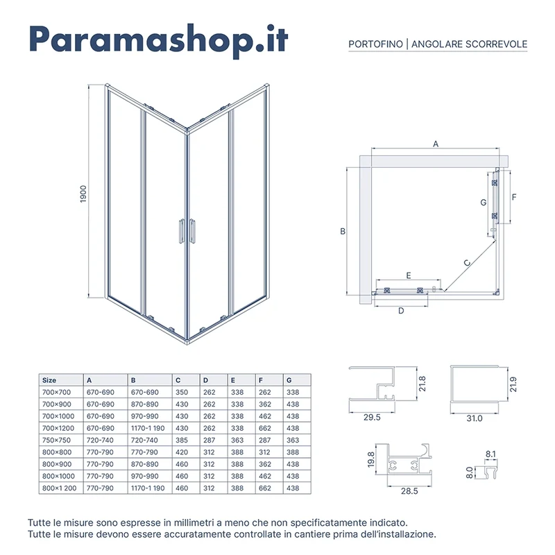 Box doccia angolare 80x120cm con profili cromati slim vetro 6mm opaco h190 | Portofino