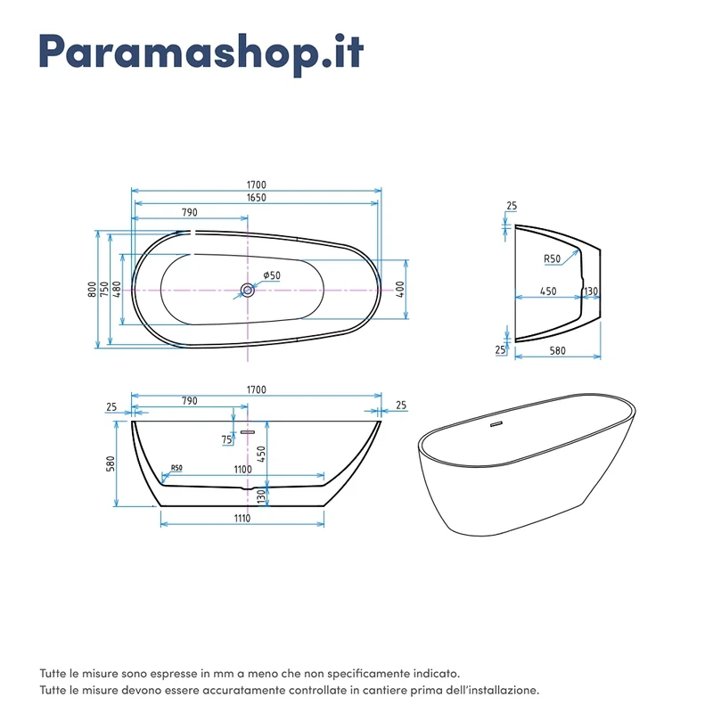 Vasca da bagno freestanding 170cm in acrilico bianco lucido | Era