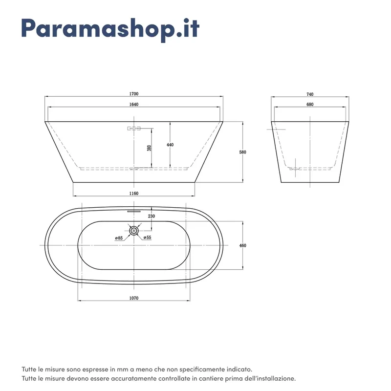 Vasca da bagno freestanding 170cm bianco lucido Mod. Ginevra