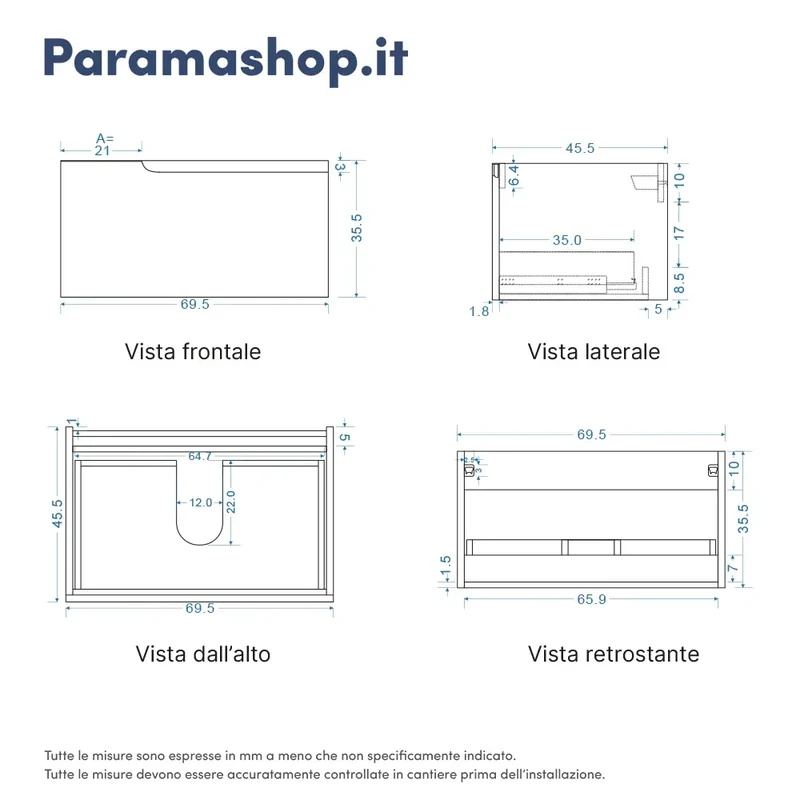 Mobile bagno sospeso 70 cm un cassetto bianco opaco con lavabo | Ardenne