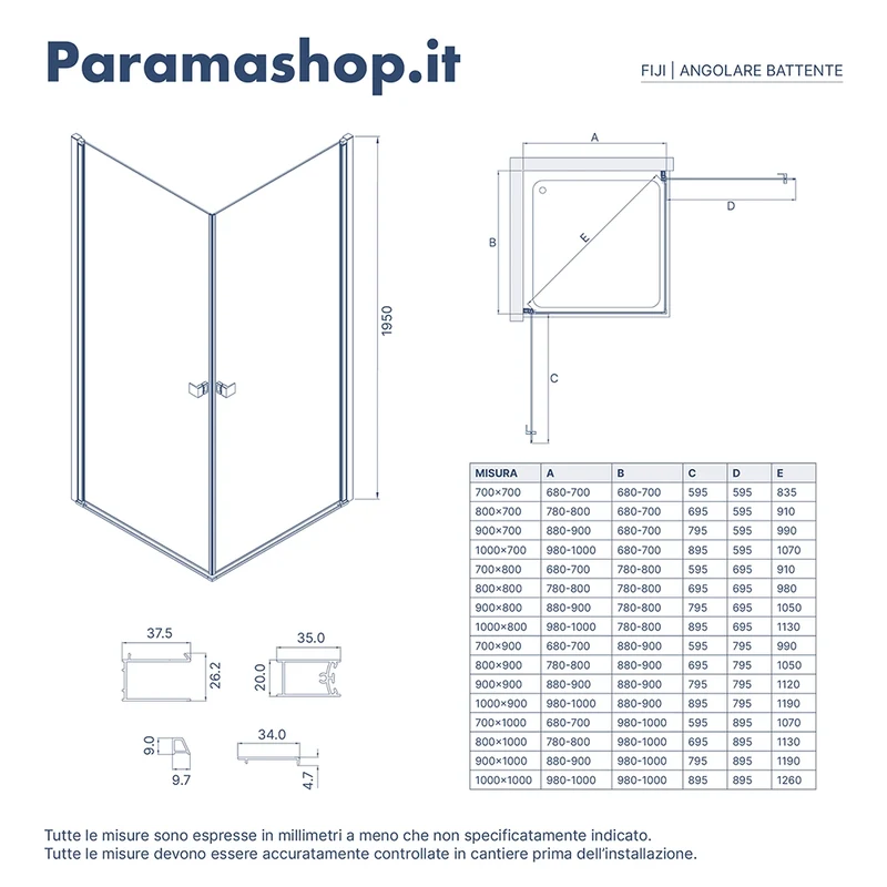 Box doccia angolare 90x90cm doppio battente profili cromati e vetro da 8mm trasparente h195 | Fiji