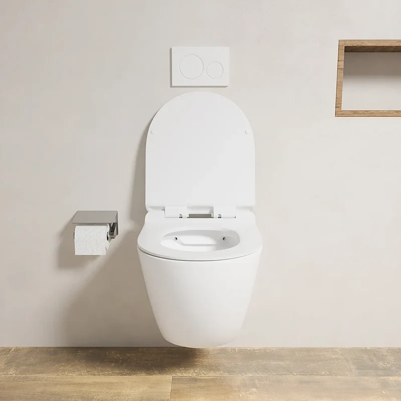 Vaso WC sospeso in ceramica bianco opaco rimless salvaspazio con sedile soft-close | Parigi