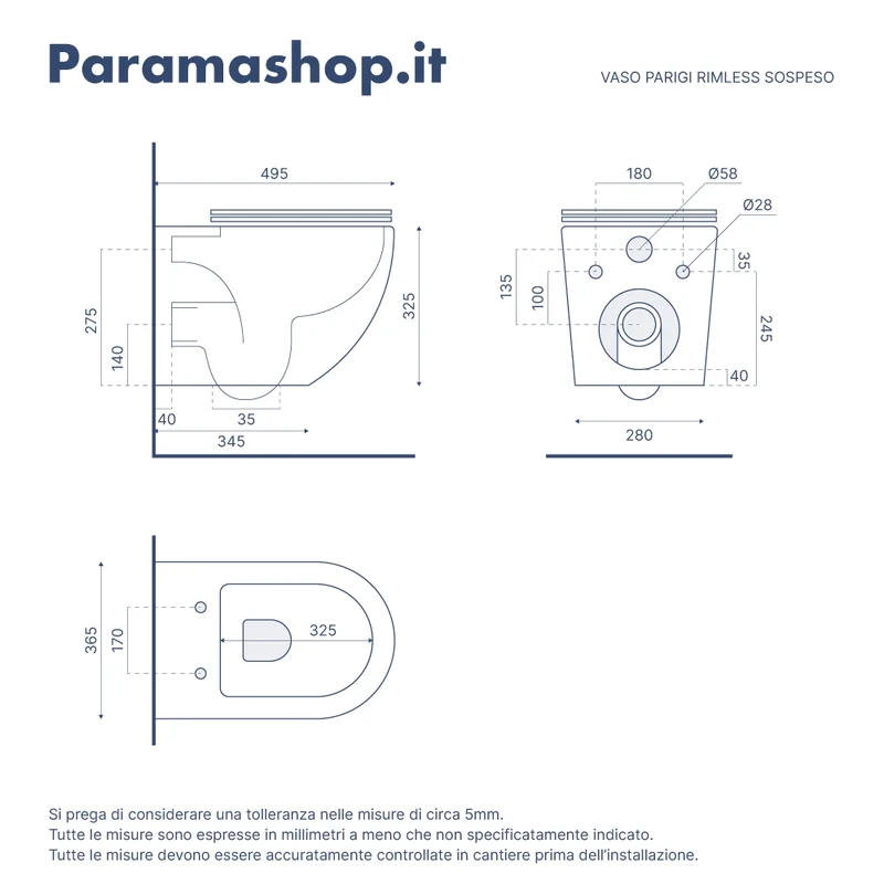 Vaso WC sospeso in ceramica bianco opaco rimless salvaspazio con sedile soft-close | Parigi