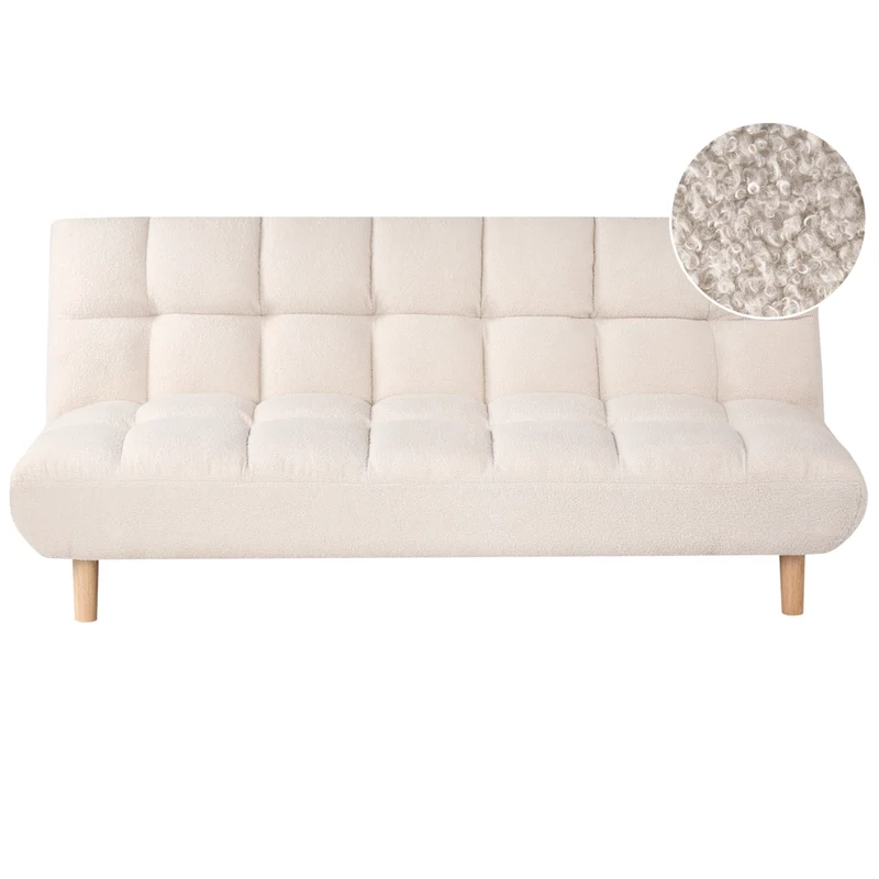 Divano letto bianco sporco Rivestimento bouclé Gambe in legno 2 posti Schienale trapuntato Seduta trapuntata Design moderno Senza braccioli