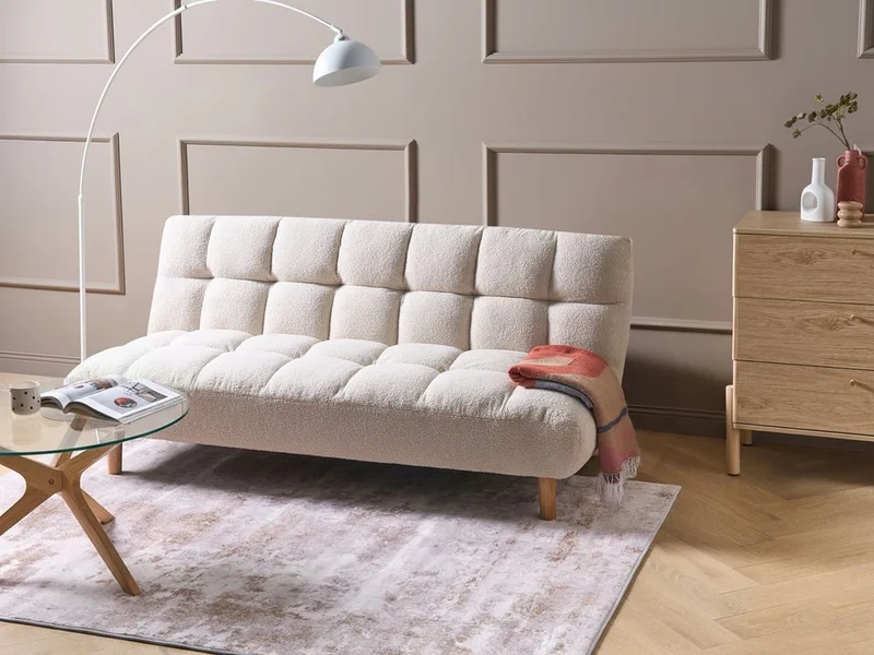 Divano letto bianco sporco Rivestimento bouclé Gambe in legno 2 posti Schienale trapuntato Seduta trapuntata Design moderno Senza braccioli