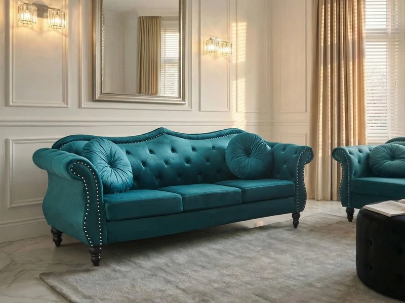 Divano in velluto verde acqua a 3 posti con rifiniture in borchie e cuscini trapuntati con bottoni Braccioli arrotondati Stile glamour
