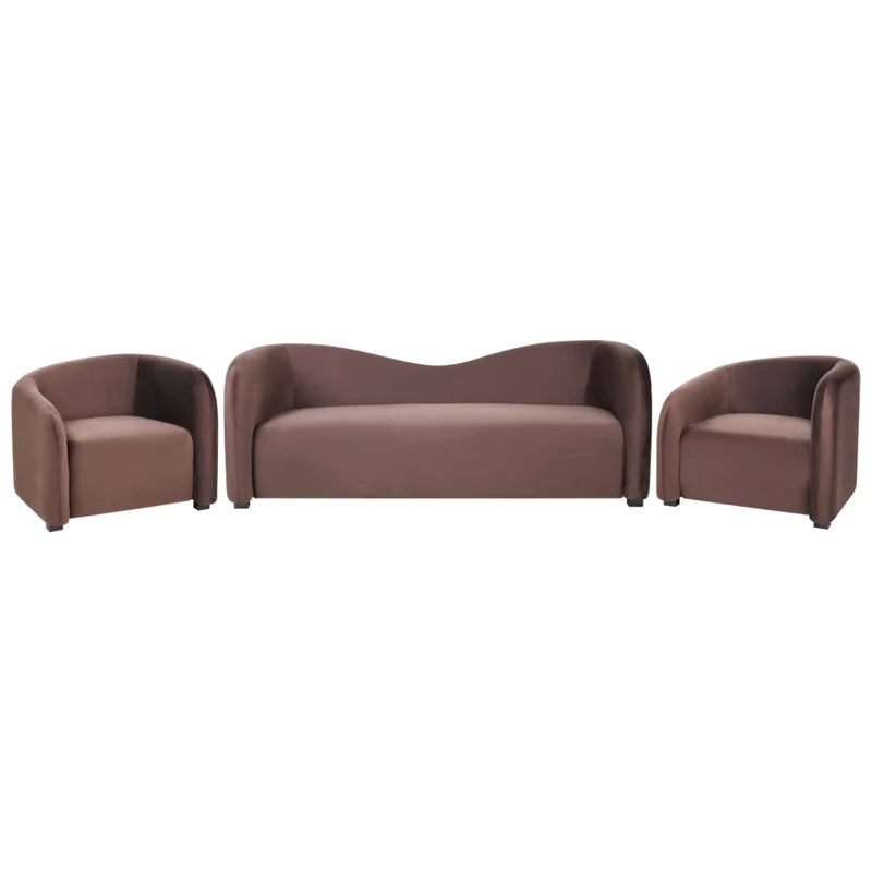 Set moderno ed elegante imbottito per salotto Divano e poltrone Schienale curvo Velluto Marrone scuro