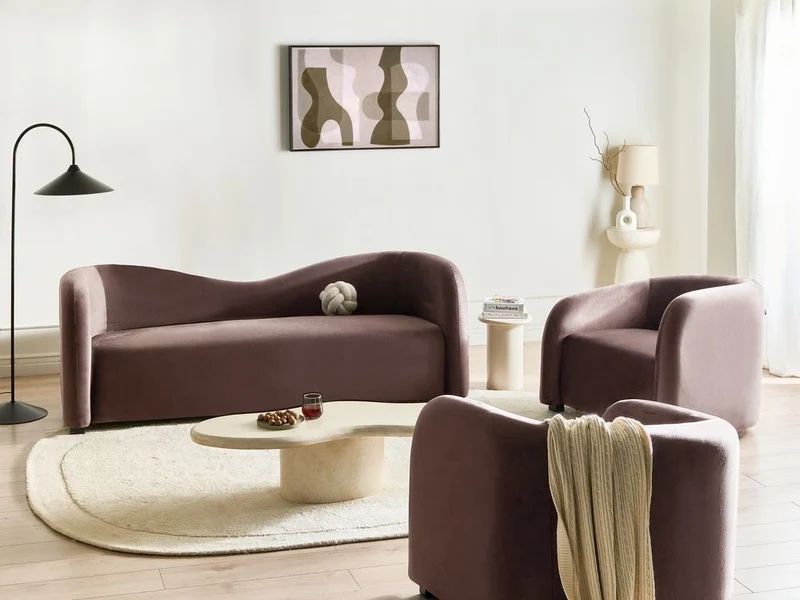 Set moderno ed elegante imbottito per salotto Divano e poltrone Schienale curvo Velluto Marrone scuro