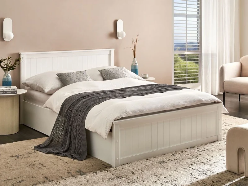 Letto matrimoniale in legno di pino 140 x 200 cm con telaio sollevabile e contenitore bianco Mobili per la camera da letto
