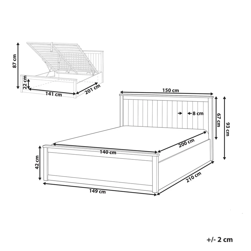 Letto matrimoniale in legno di pino 140 x 200 cm con telaio sollevabile e contenitore bianco Mobili per la camera da letto